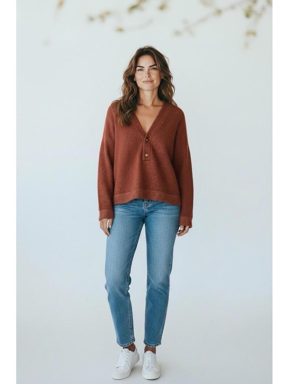 $168 Faherty Jackson V Neck Popover Sweater Smoked Paprika Size Medium - Picture 2 of 12